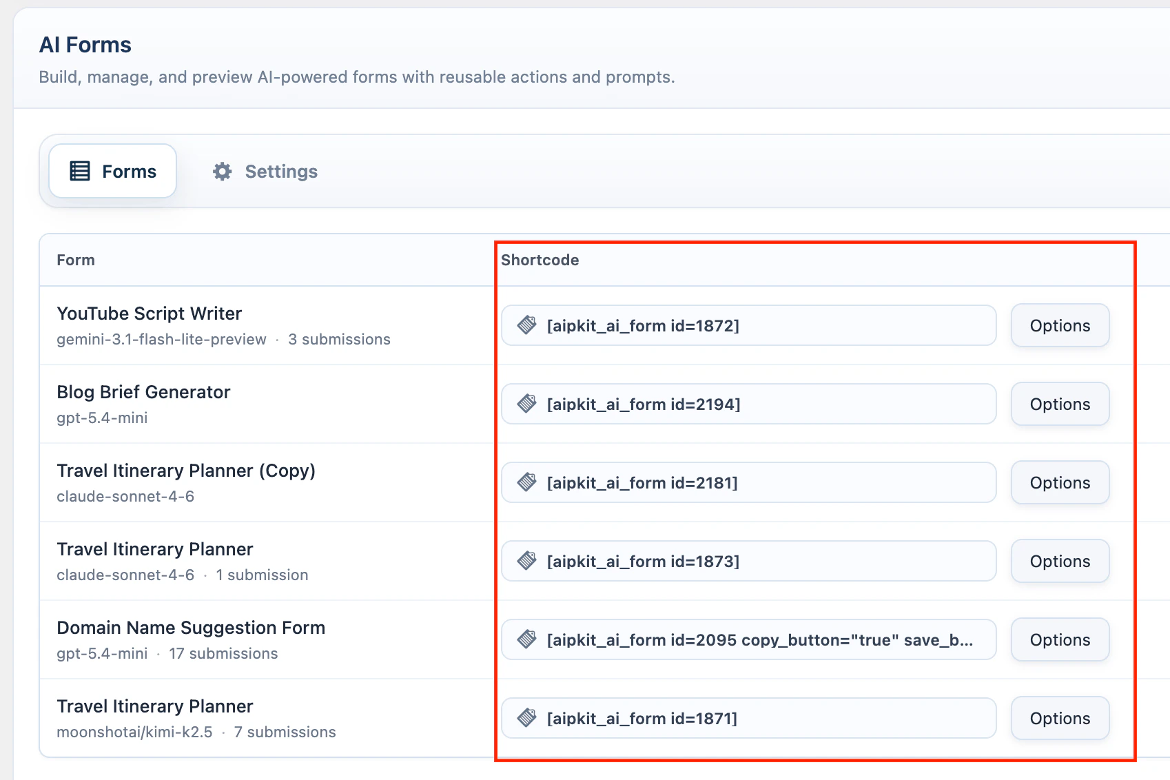 AI Form shortcode settings