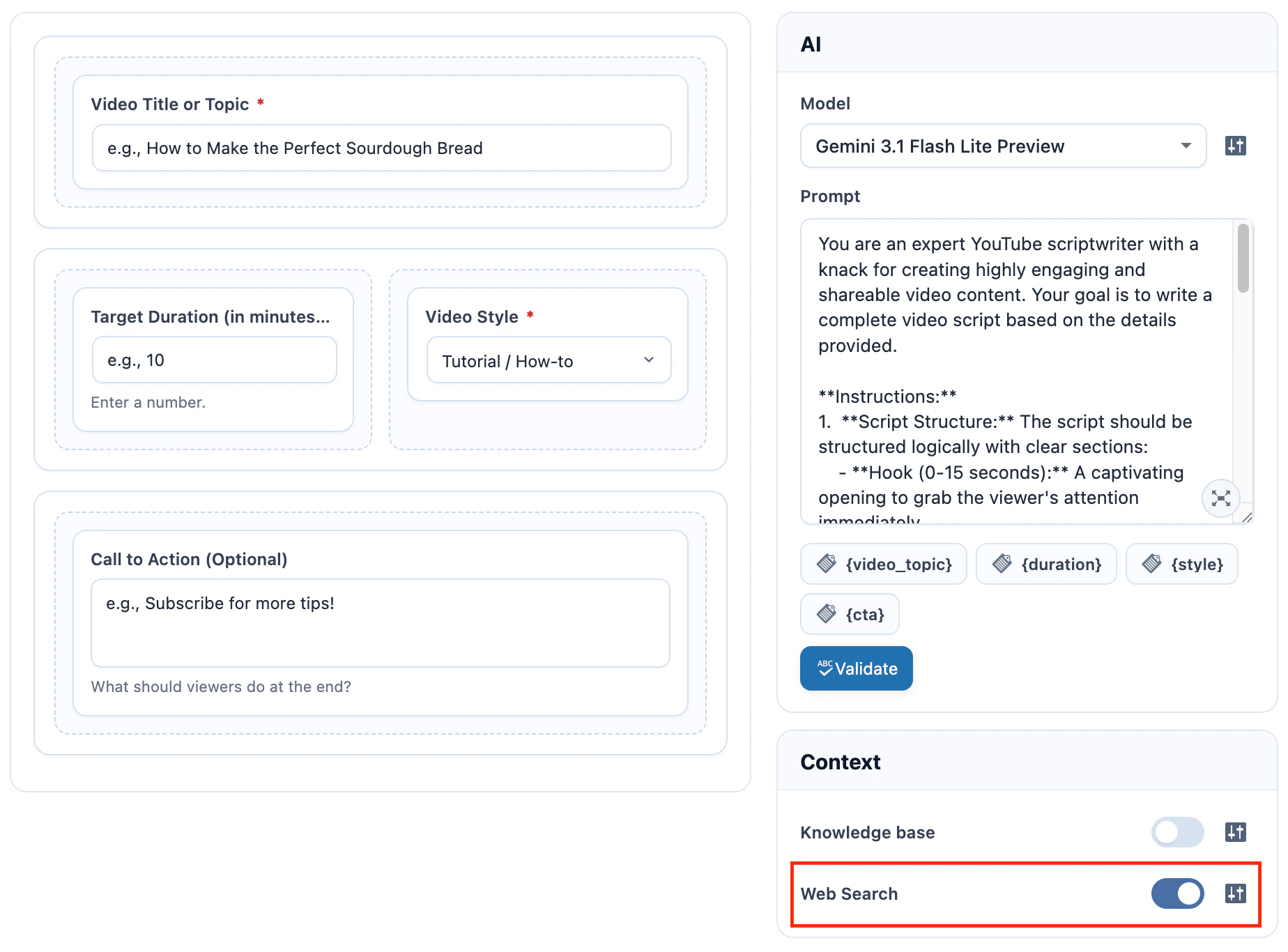 AI Form web search settings