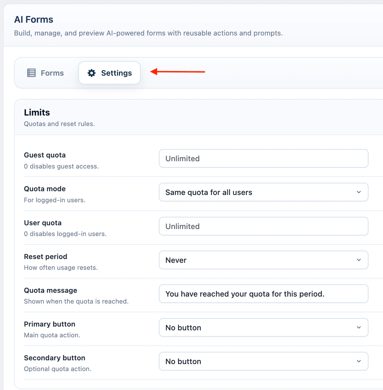 AI Forms limits settings