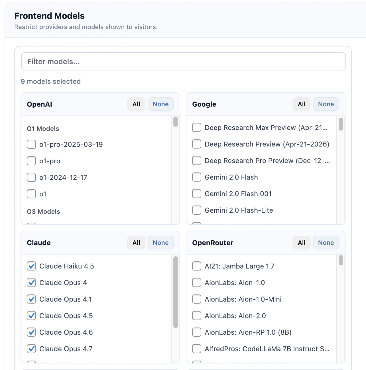 AI Forms provider filtering settings