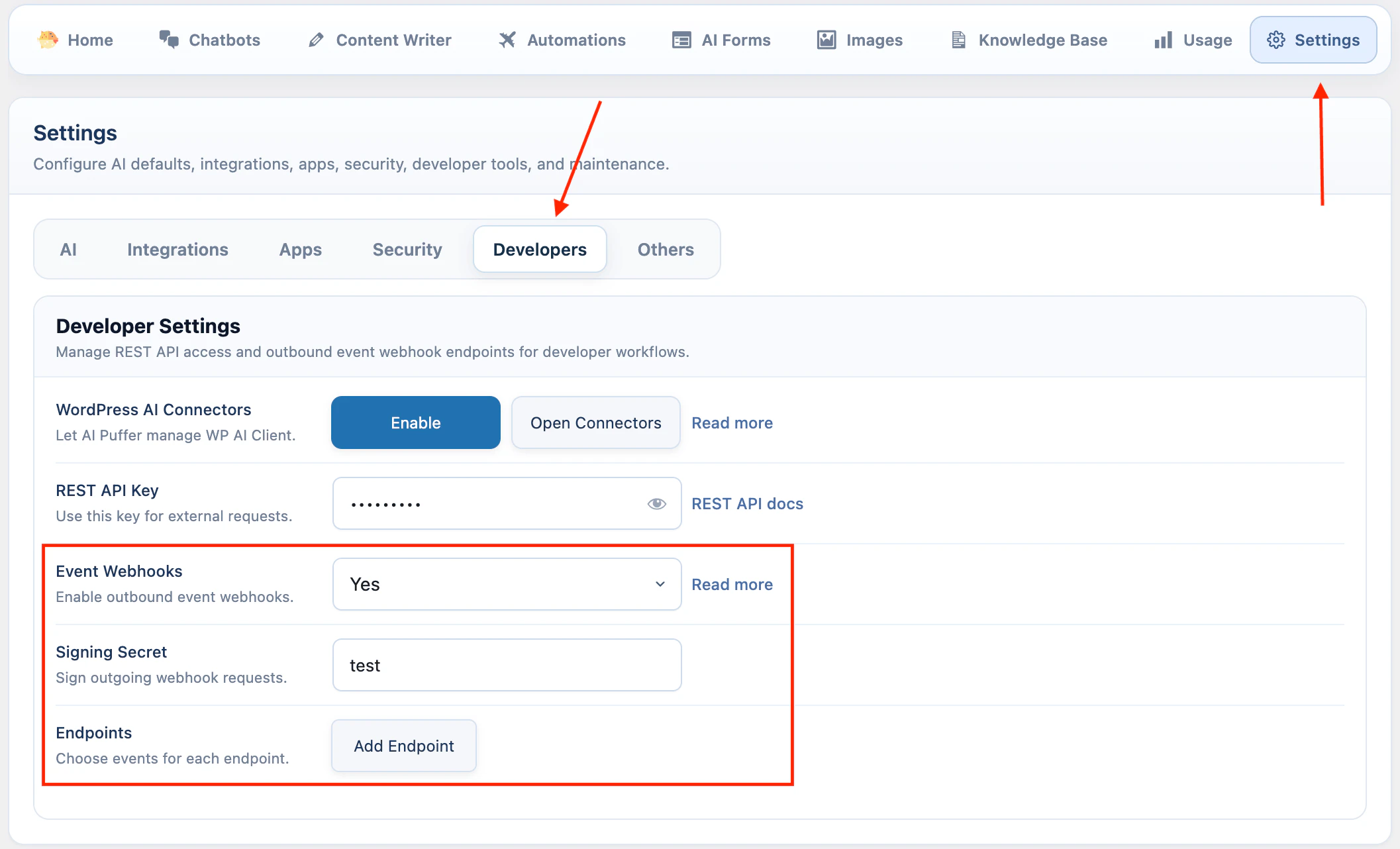 Developer Settings with Event Webhooks enabled