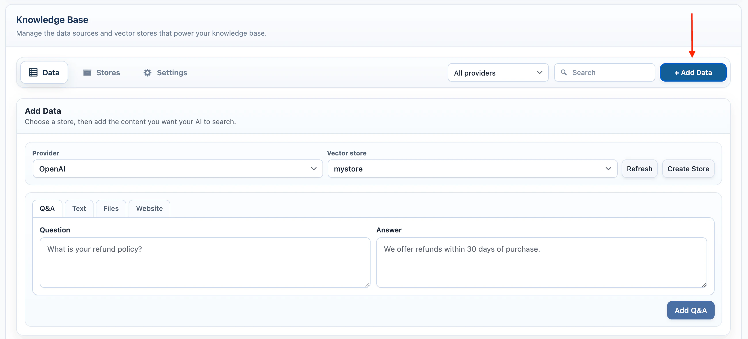 Knowledge Base Add data panel