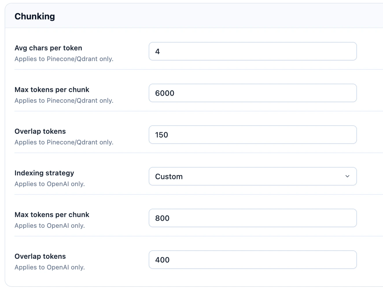 Knowledge Base chunking and batches settings