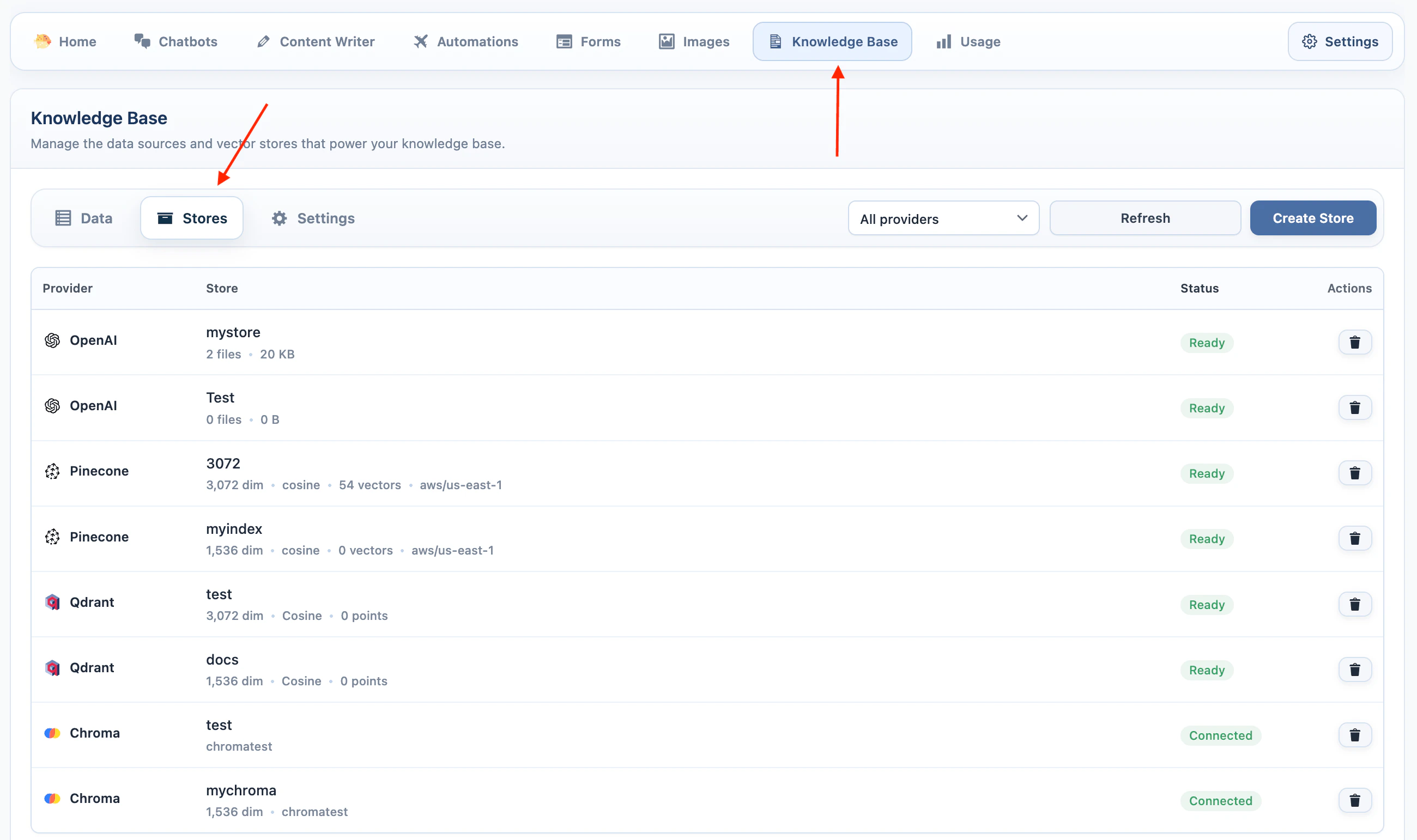 Knowledge Base provider selector