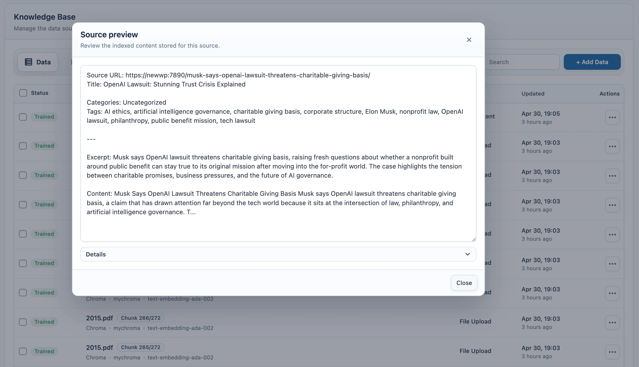 Knowledge Base source preview