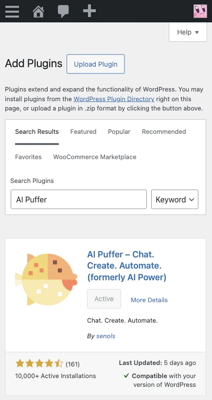 AI Puffer in the WordPress Add Plugins search results