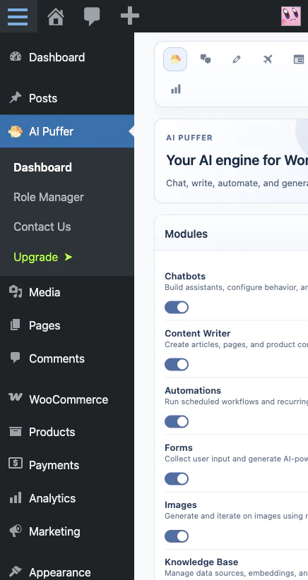 AI Puffer Upgrade link in the WordPress admin menu