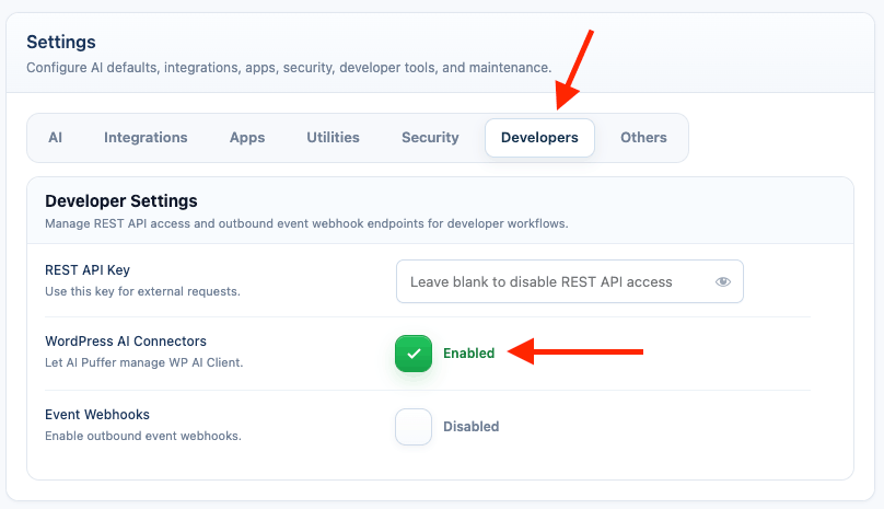 WordPress AI Connectors setting in AI Puffer