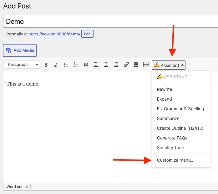 Content Assistant in the Classic Editor toolbar