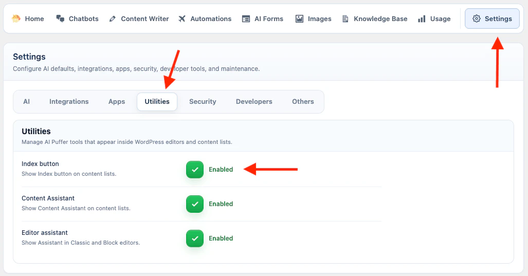 Utilities setting for the post-list Index button