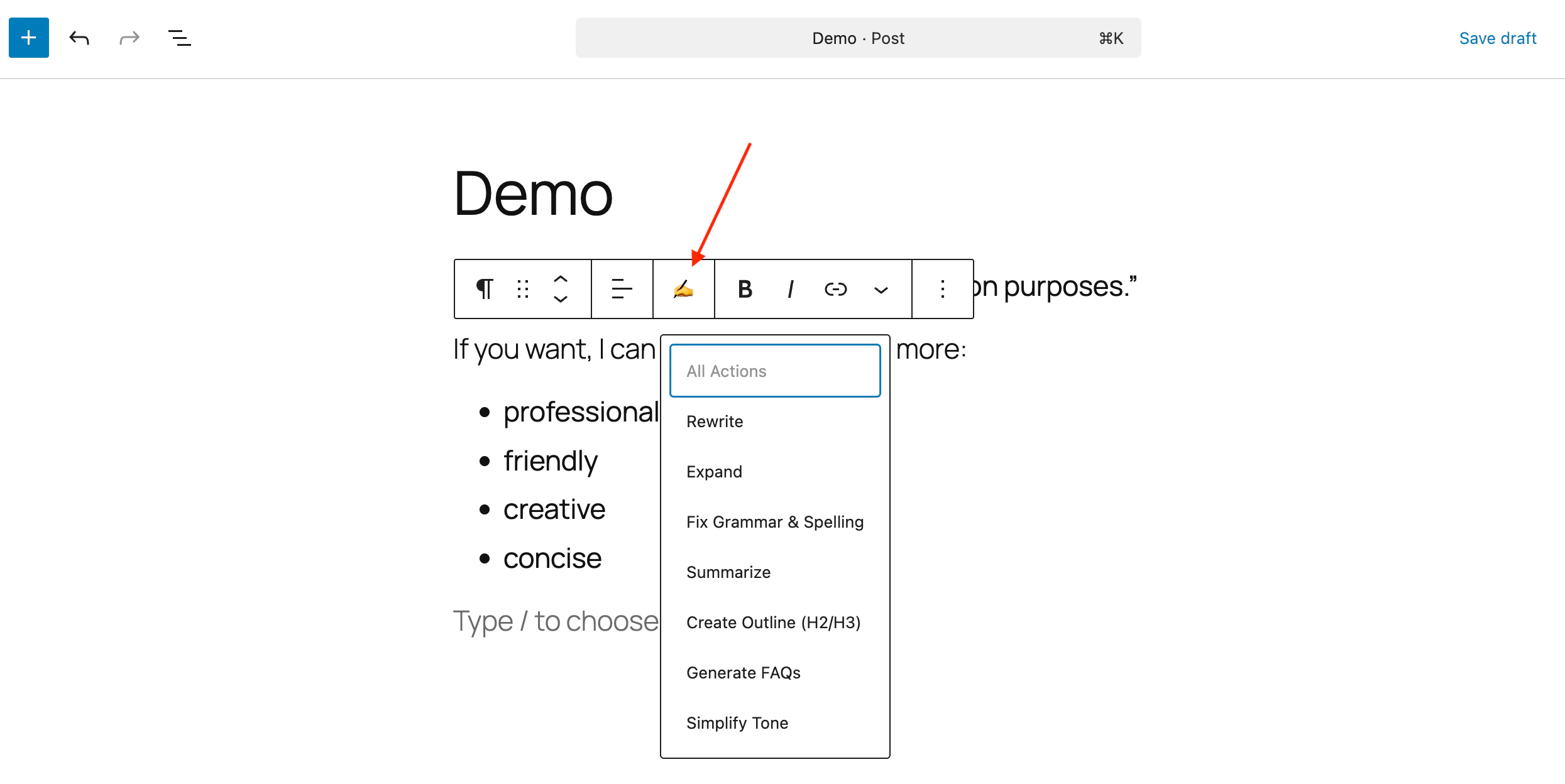 Content Assistant in the Block Editor toolbar