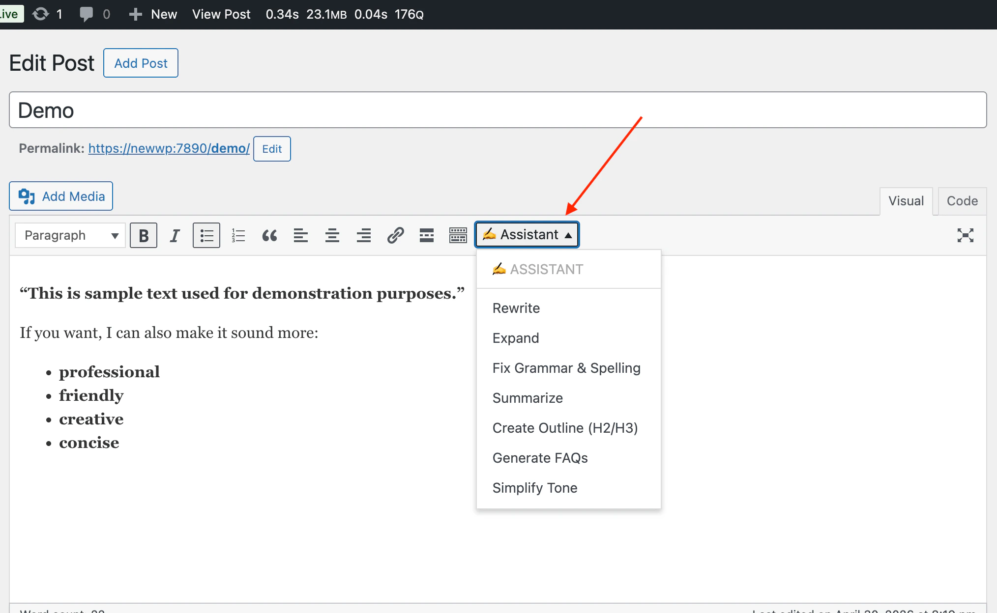 Content Assistant in the Classic Editor toolbar