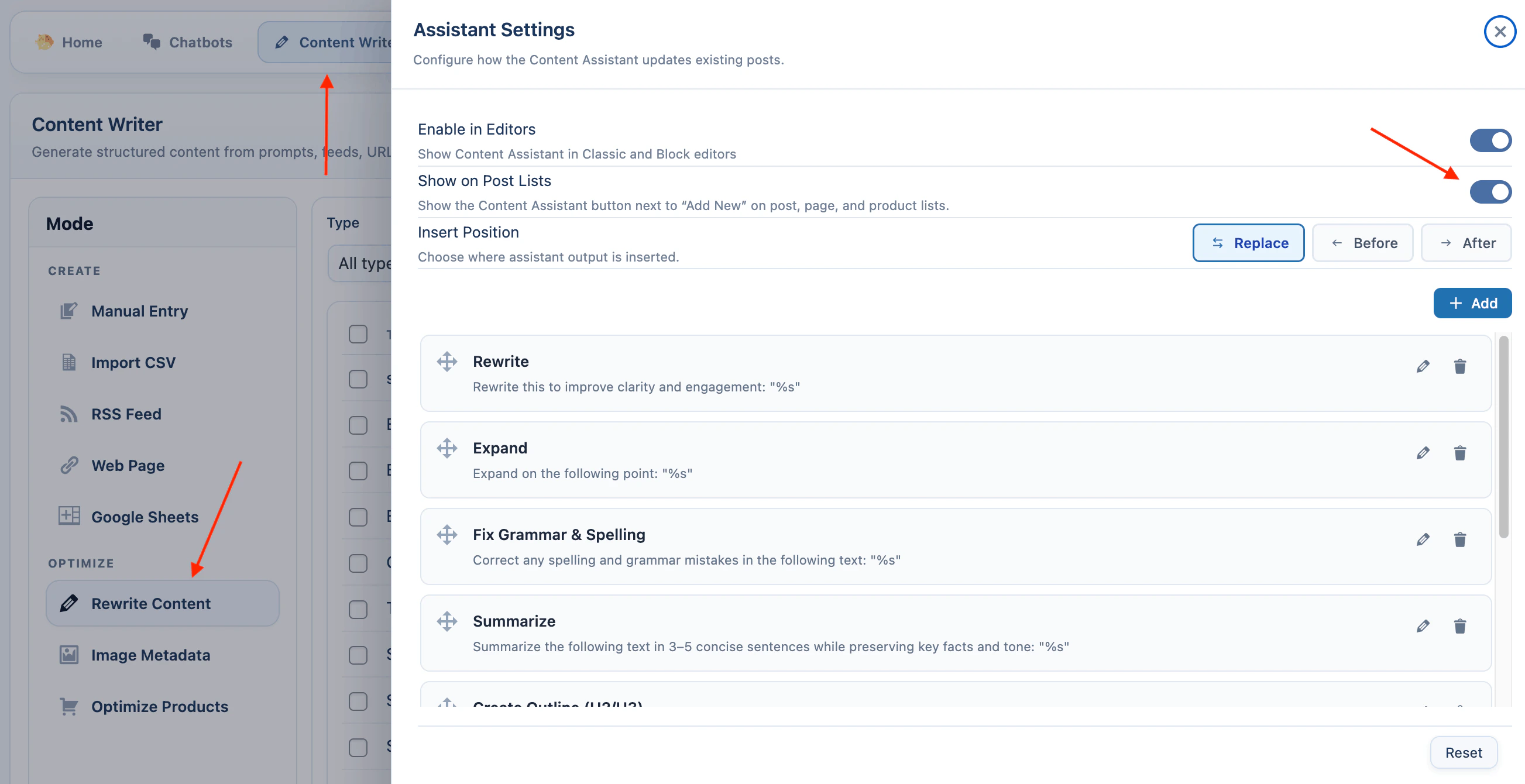 Content Assistant settings