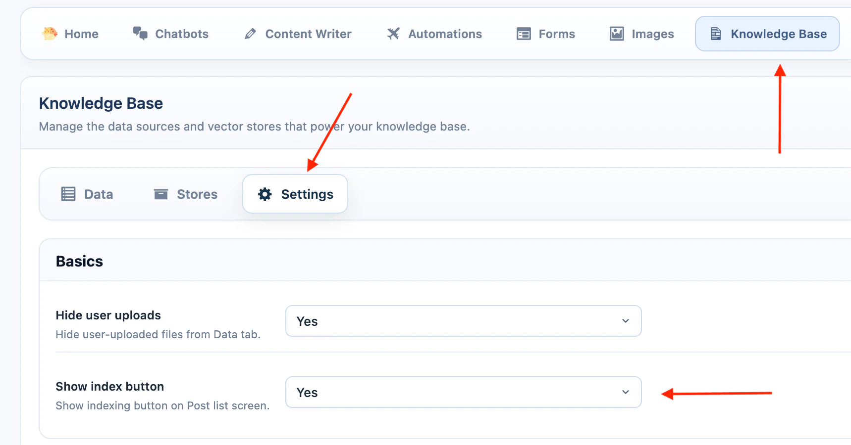 Knowledge Base setting for the post-list Index button