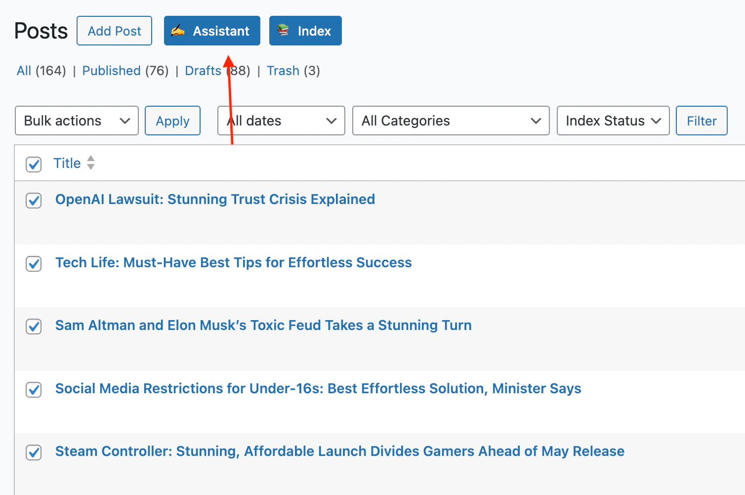 Assistant button on a WordPress post list