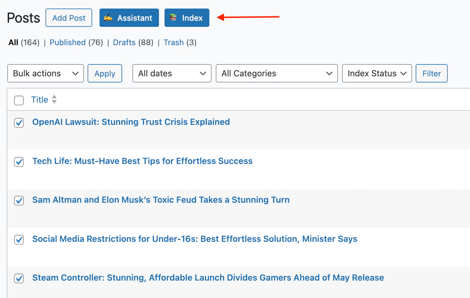 Index button on a WordPress post list