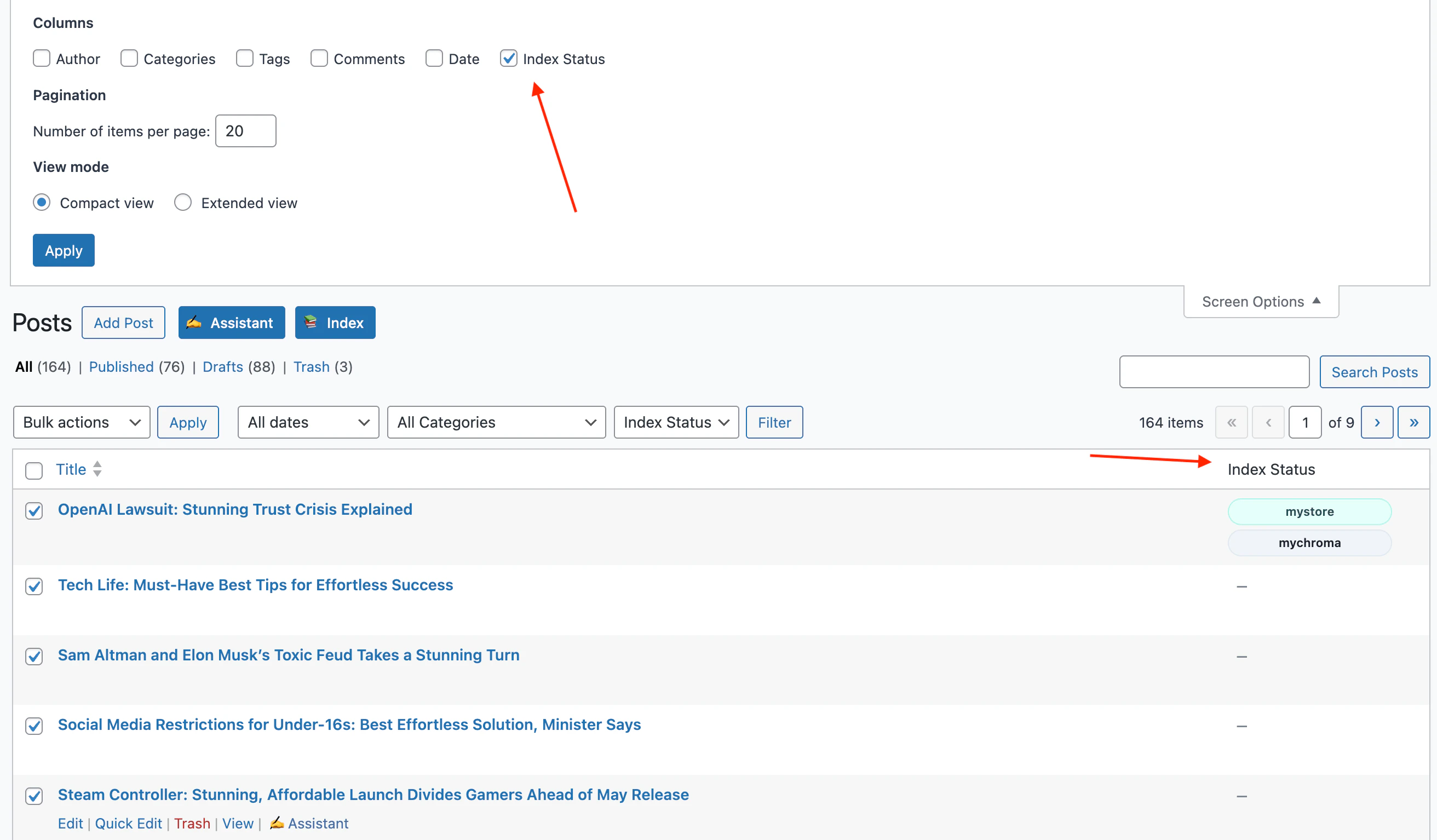 Index Status screen option on a WordPress post list