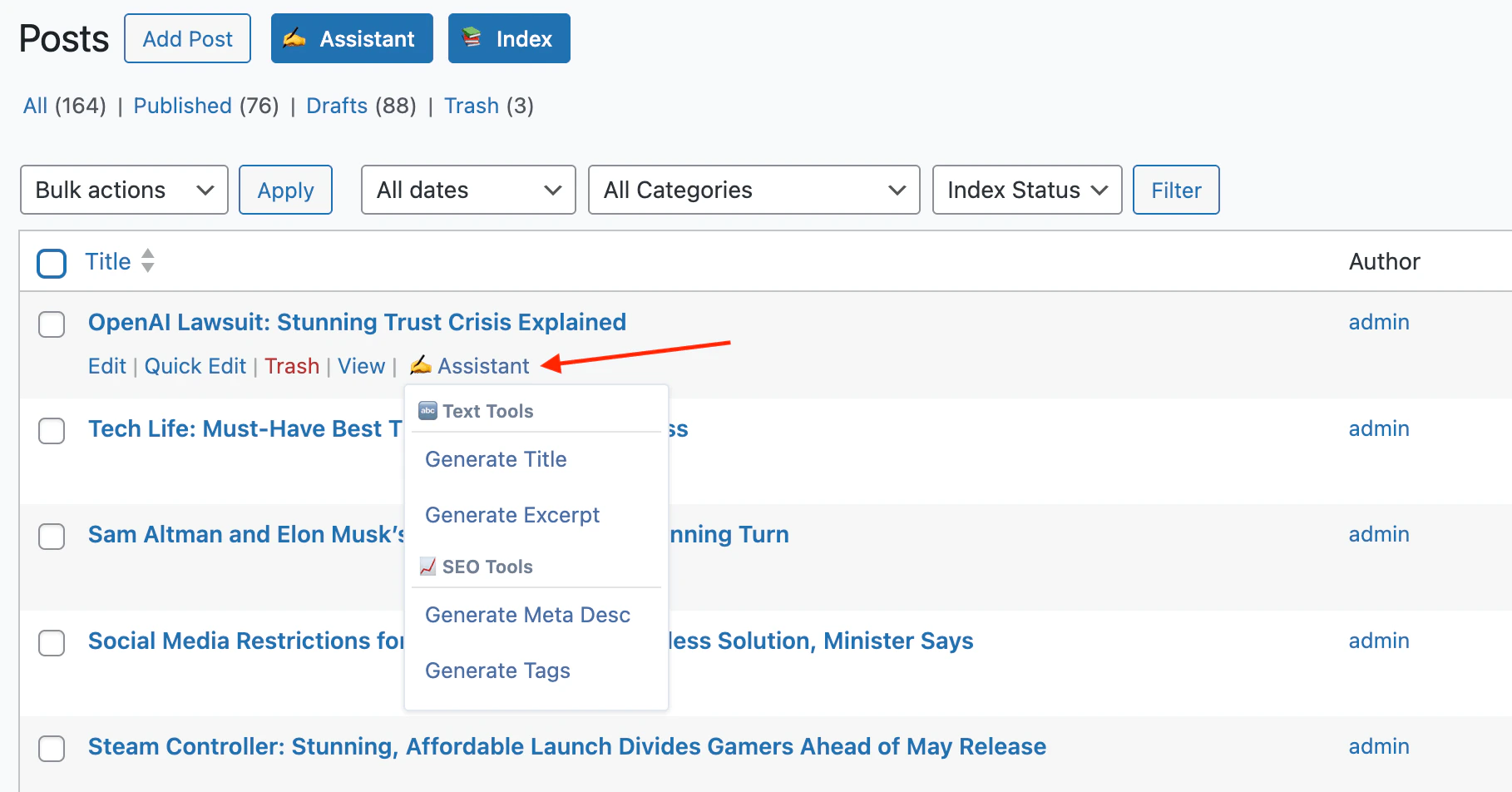 Assistant row menu on a post list