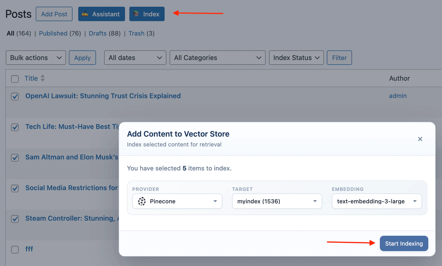 Add Content to Vector Store modal