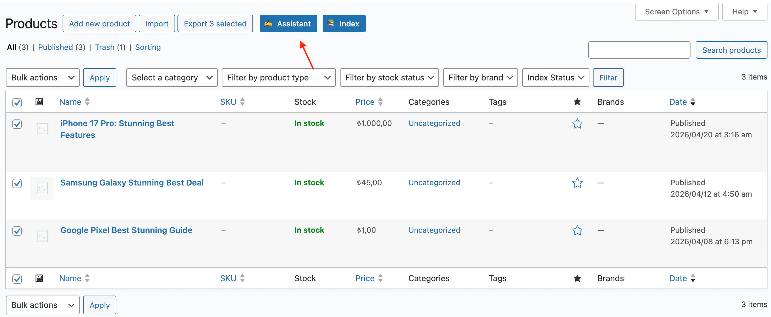 Assistant button on the WooCommerce Products list
