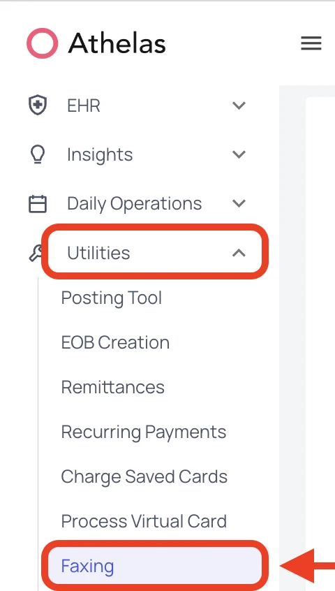 Opening the Faxing page from Utilities in the left sidebar