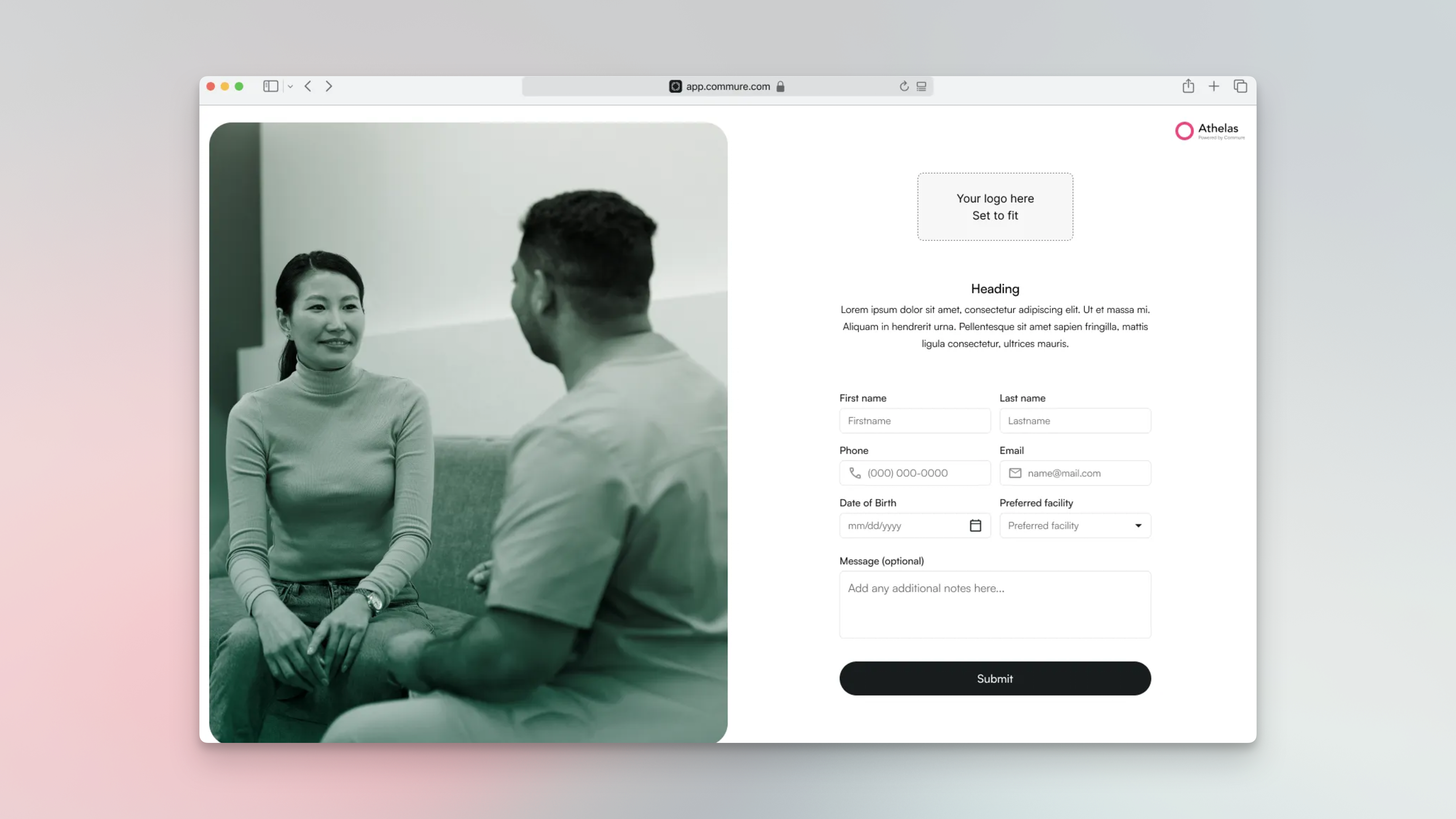 Lead management landing page with patient intake form