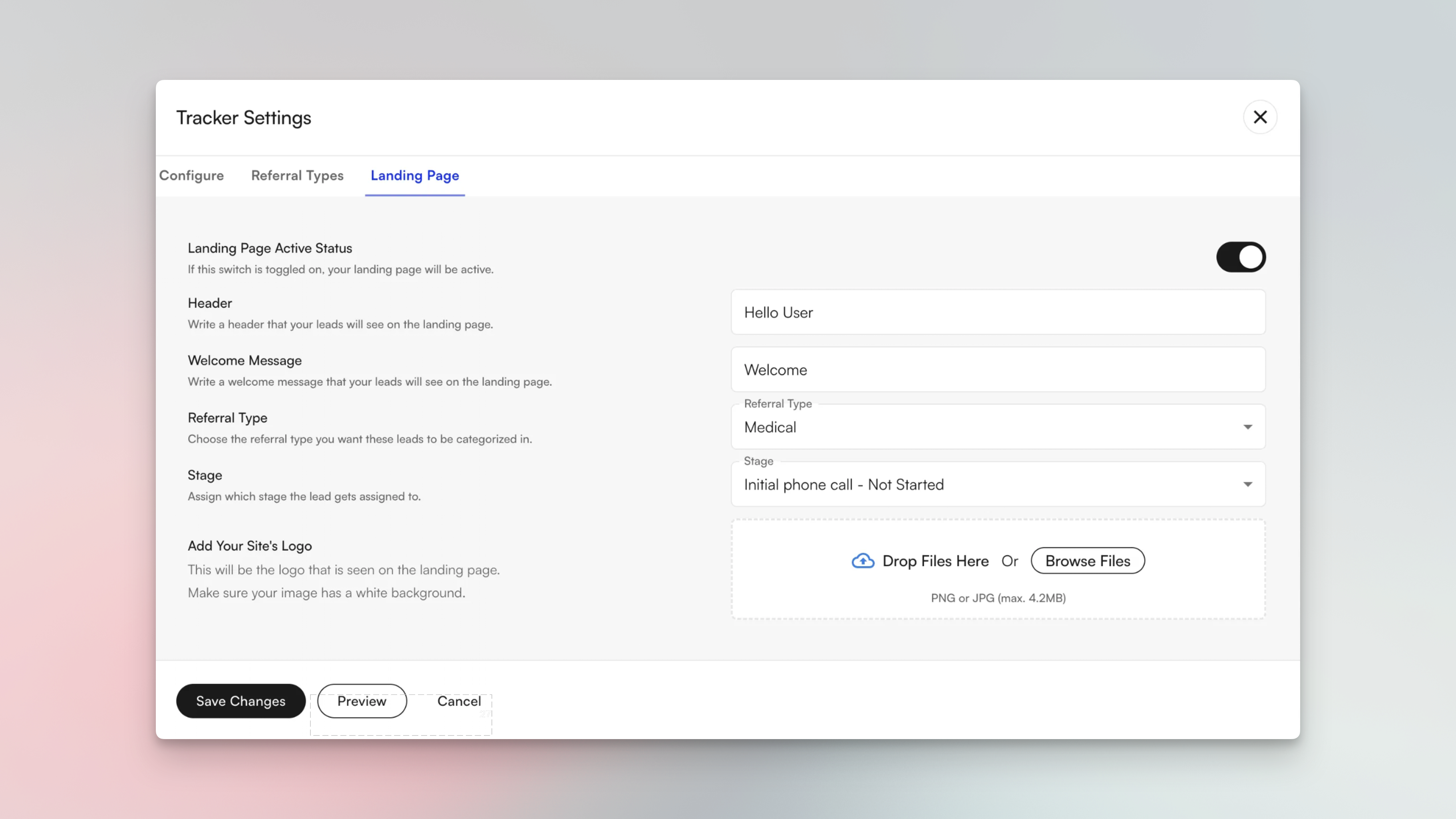 Lead management tracker settings showing landing page configuration options