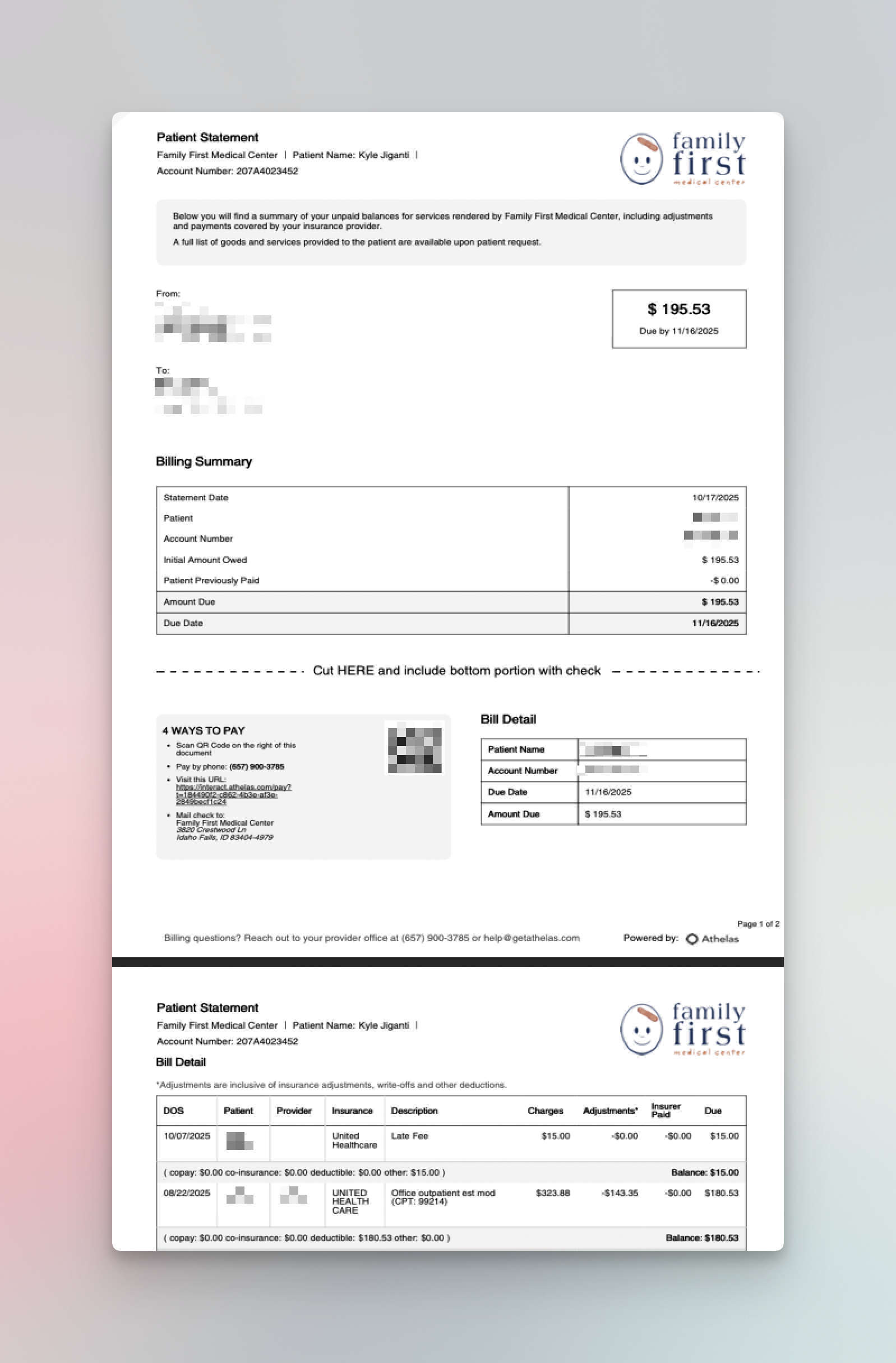 Redesigned patient statement in black and white format showing billing summary and payment details