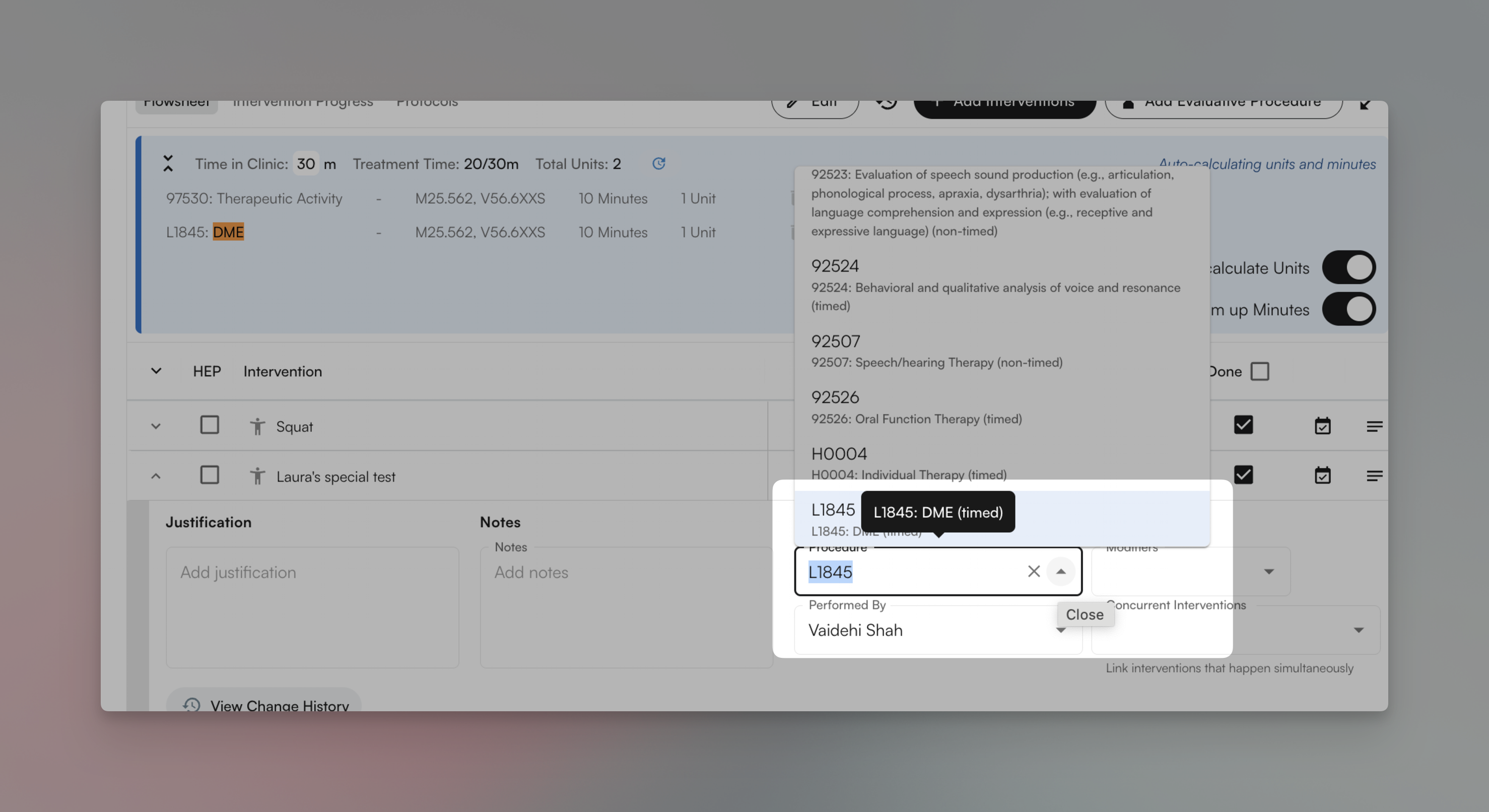 DME billing interface showing L1845 DME code with prior authorization tracking