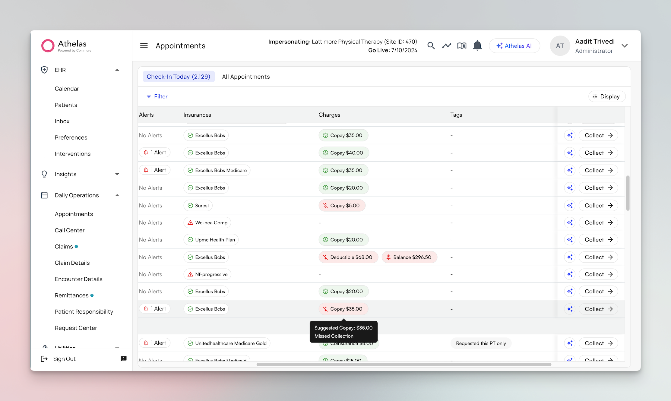 Appointments List Page showing daily schedule with AI-generated charge summaries, inline alerts, and patient demographics on hover