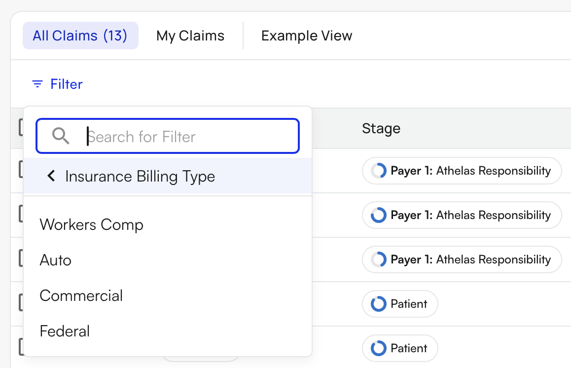 Insurance Billing Type filter showing Workers Comp, Auto, and Commercial options