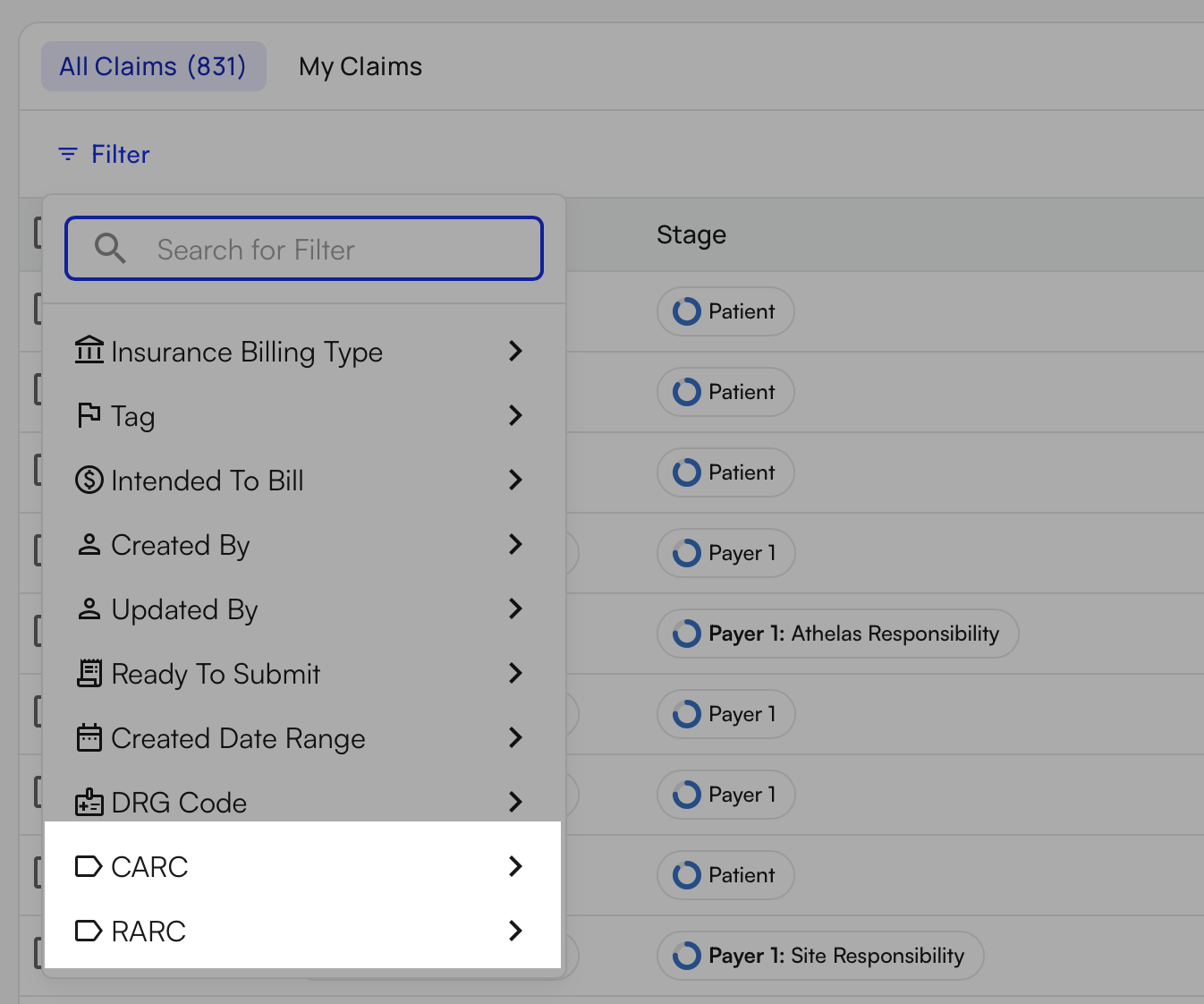 Claims page showing new CARC and RARC filter options for sorting denials