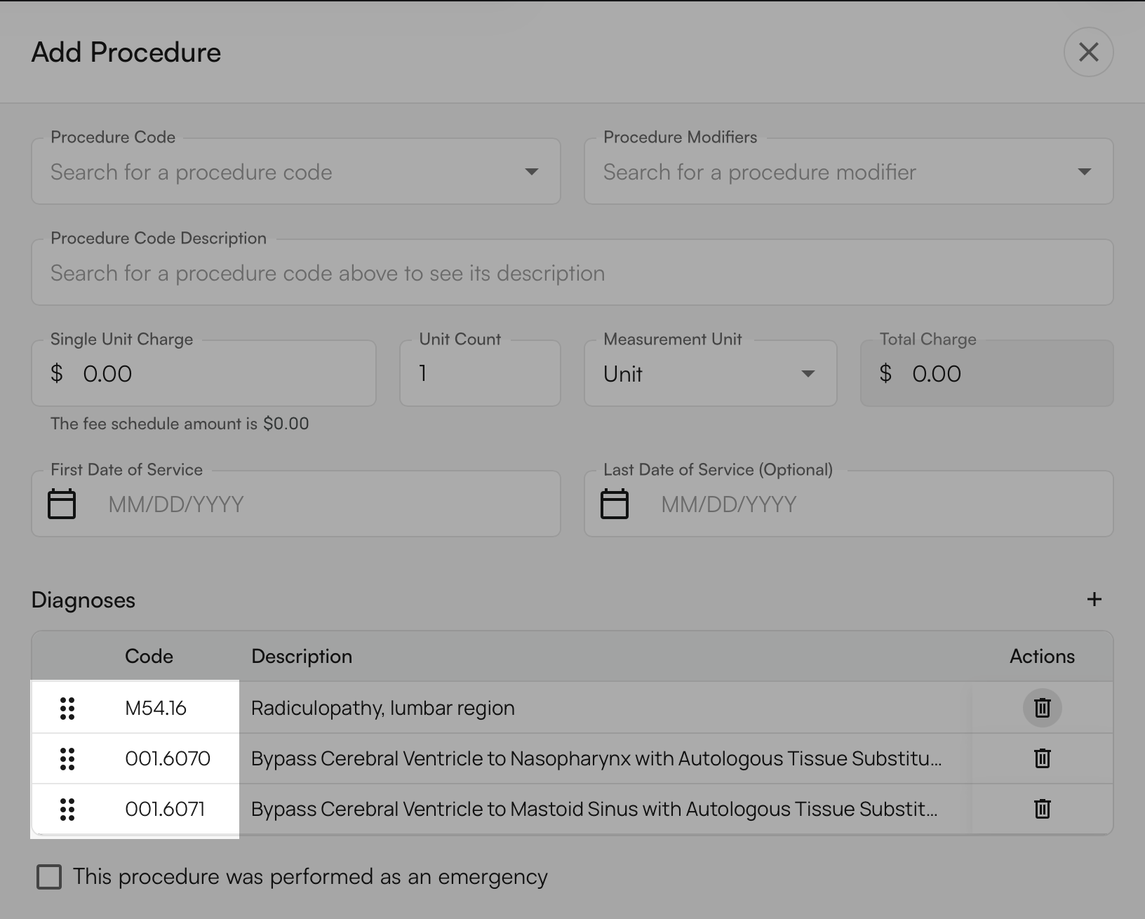 Procedures table showing drag-and-drop reordering of diagnosis code pointers