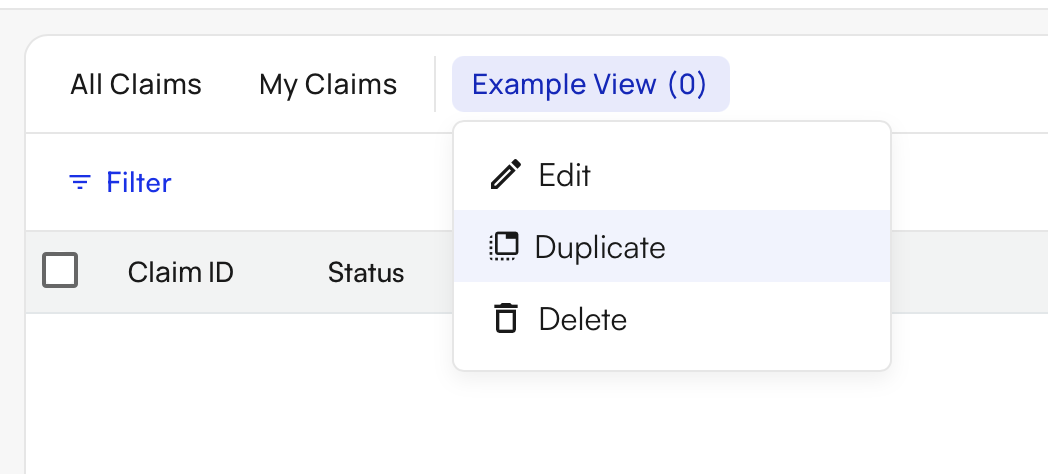 Right-click context menu showing option to duplicate a custom view