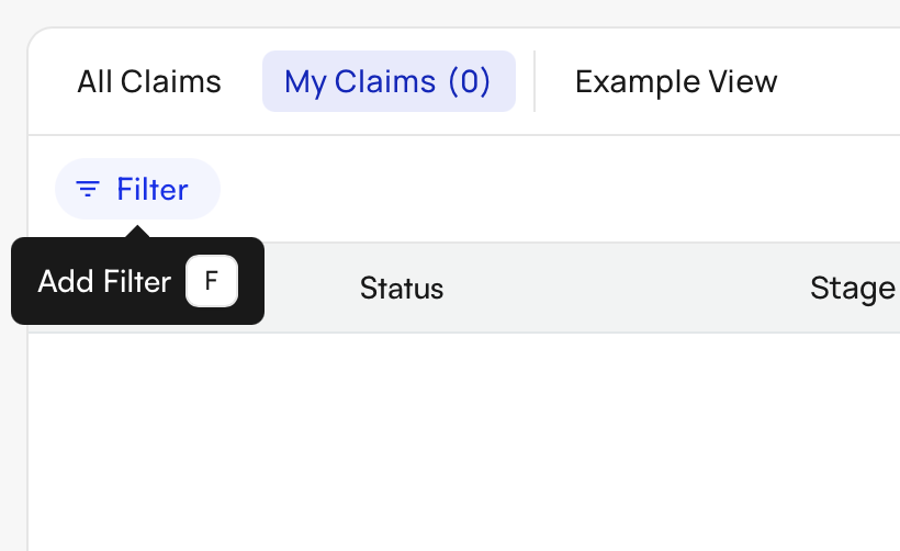 Claims page showing F key hotkey to trigger the Filters panel
