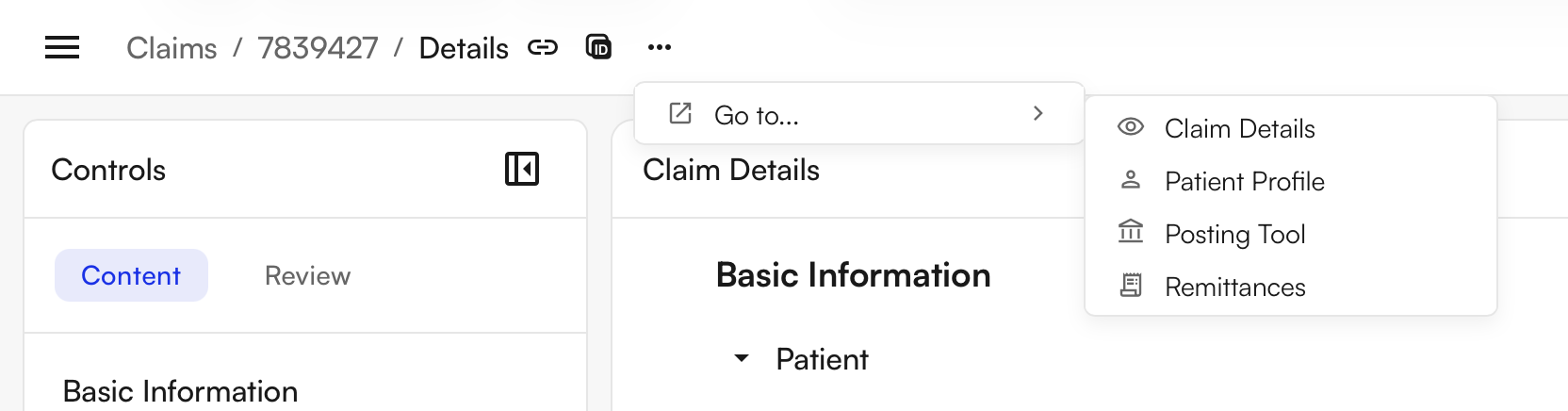 Go to link on Claim edit screen linking to Claim Details, Patient Responsibility, Posting Tool and Remittances