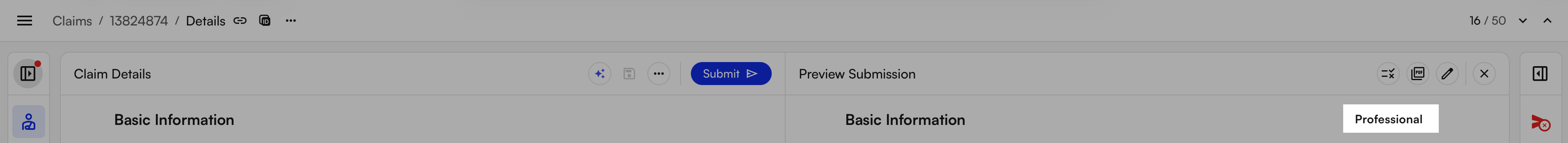 Claim submission preview showing Professional/Institutional/Dental type label in top right corner