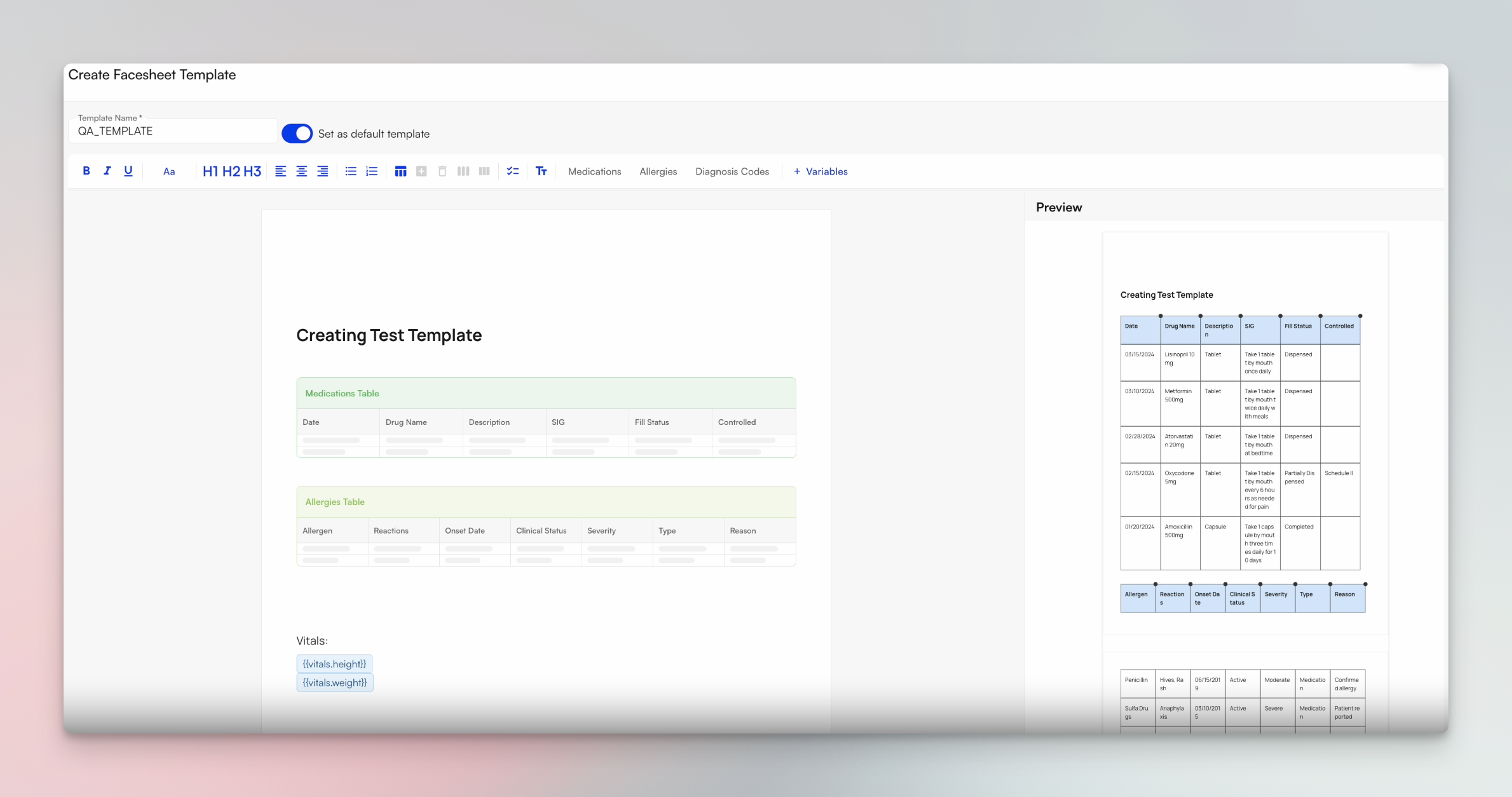 Custom face sheet template builder in EHR Preferences with rich text editor, variable fields, and block nodes for medications, allergies, and diagnoses