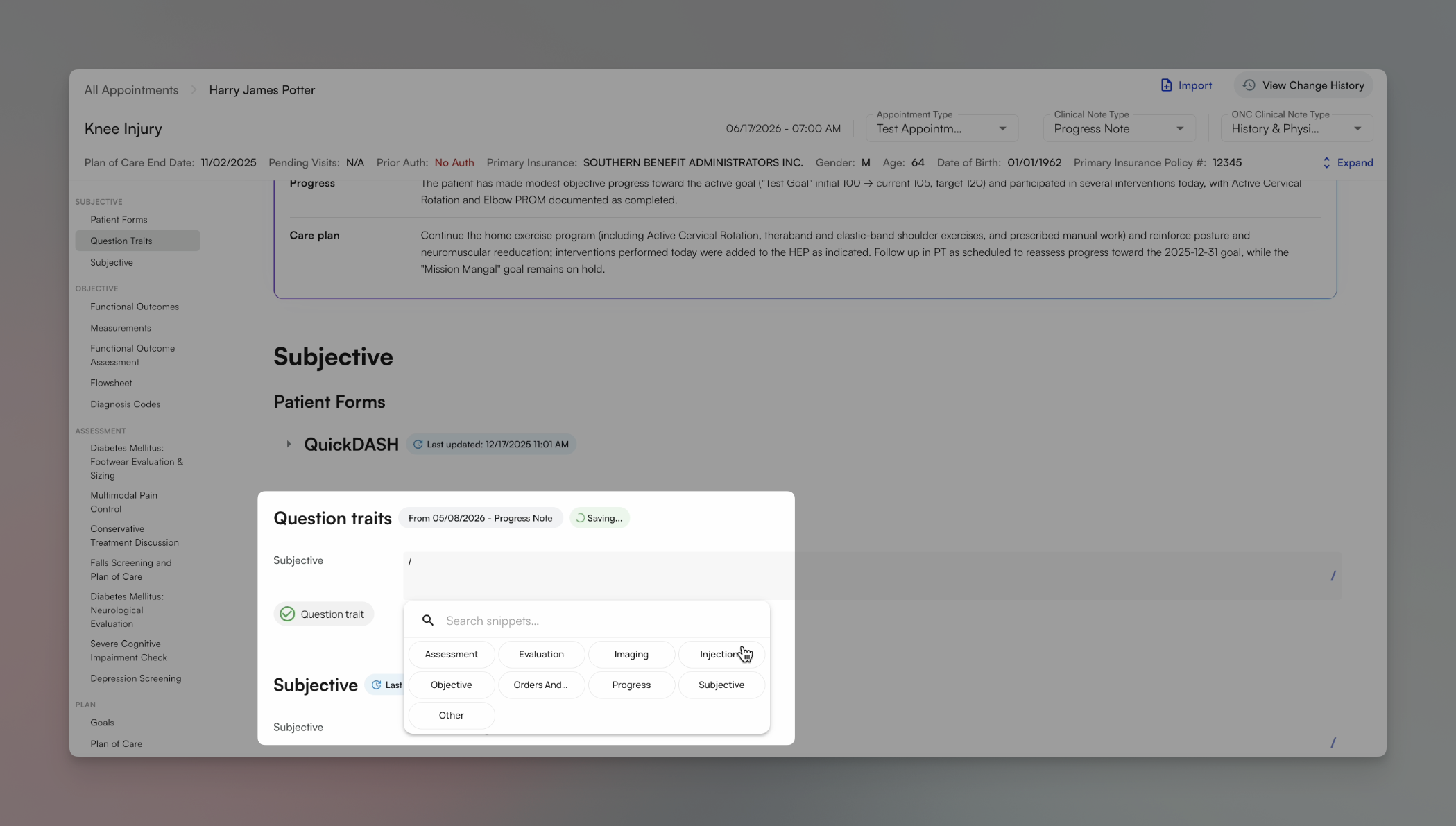 Dynamic text snippets interface showing configurable trigger characters and inline alternate word dropdowns within chart note sections
