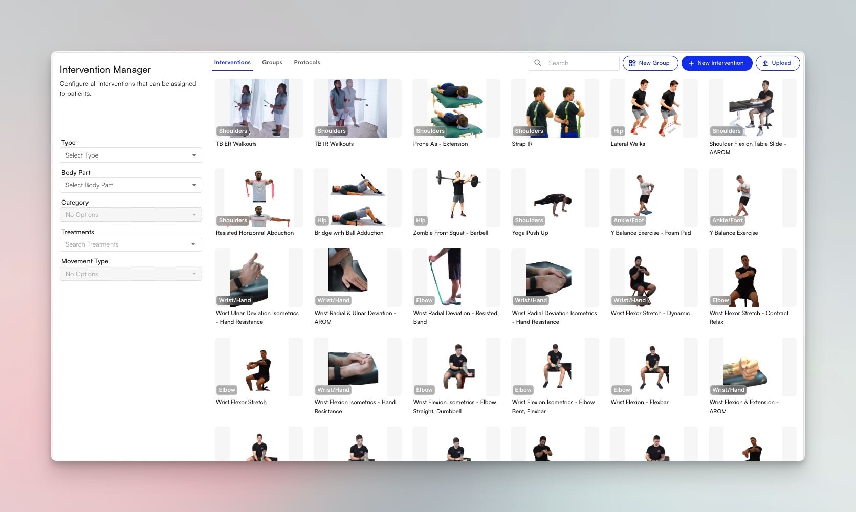 HEP Library showing upgraded exercise search with similarity matching and multi-select checkbox picker for planned interventions
