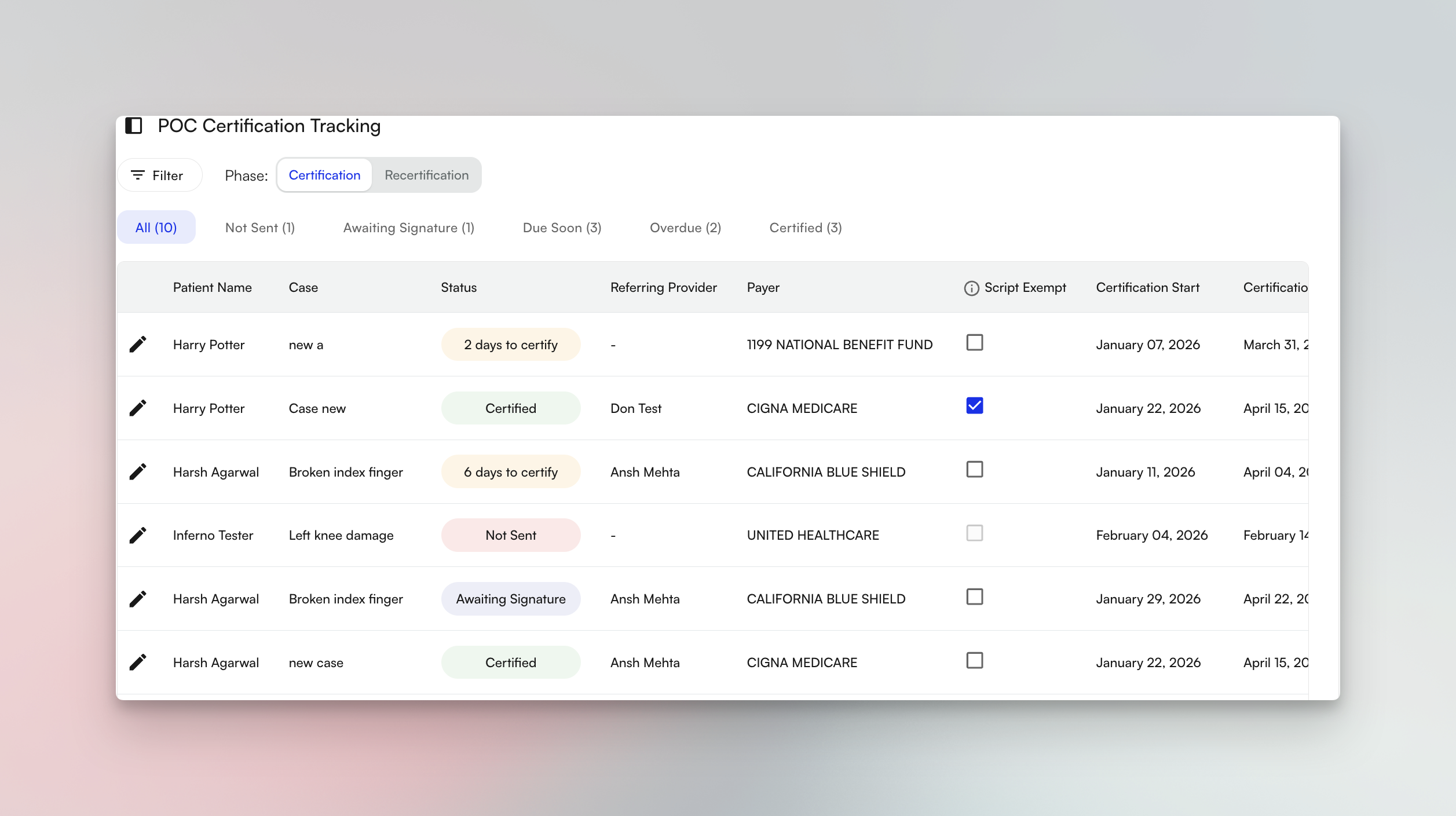 Plan of Care Tracker showing the new 10-state status lifecycle with facility and case status filters