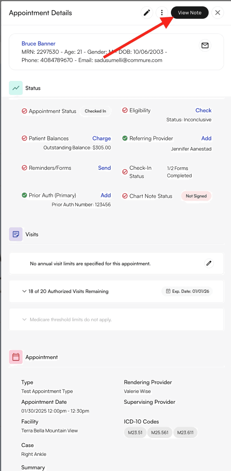 Appointment check-in interface showing required fields