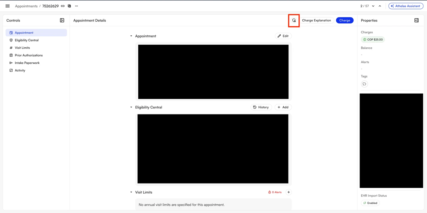 The expanded appointment view, where the shield icon opens Charge Override