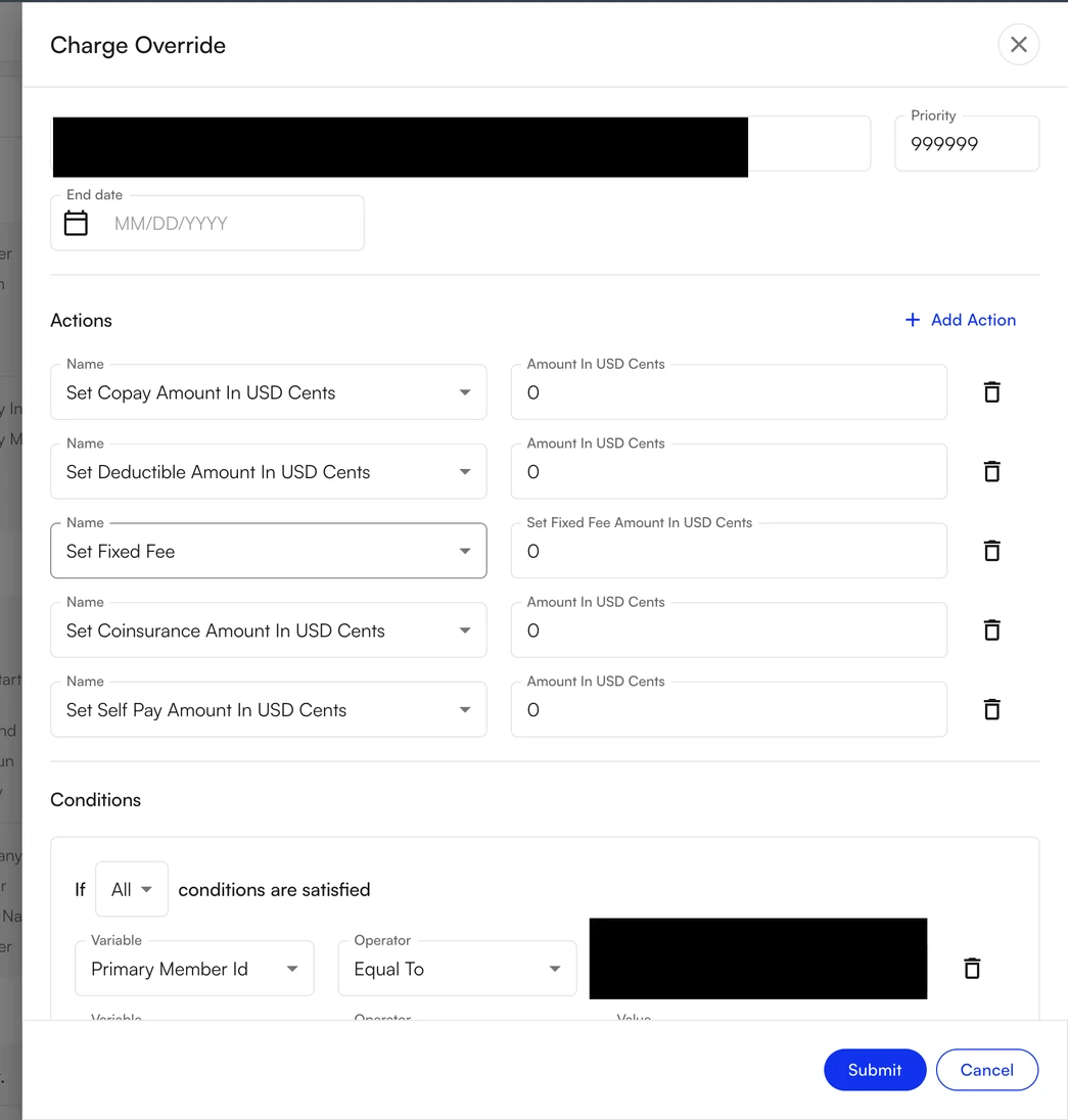 The Charge Override window with amount fields in cents and the Submit action