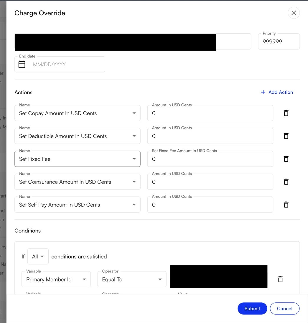 The Charge Override window with amount fields in cents and the Submit action