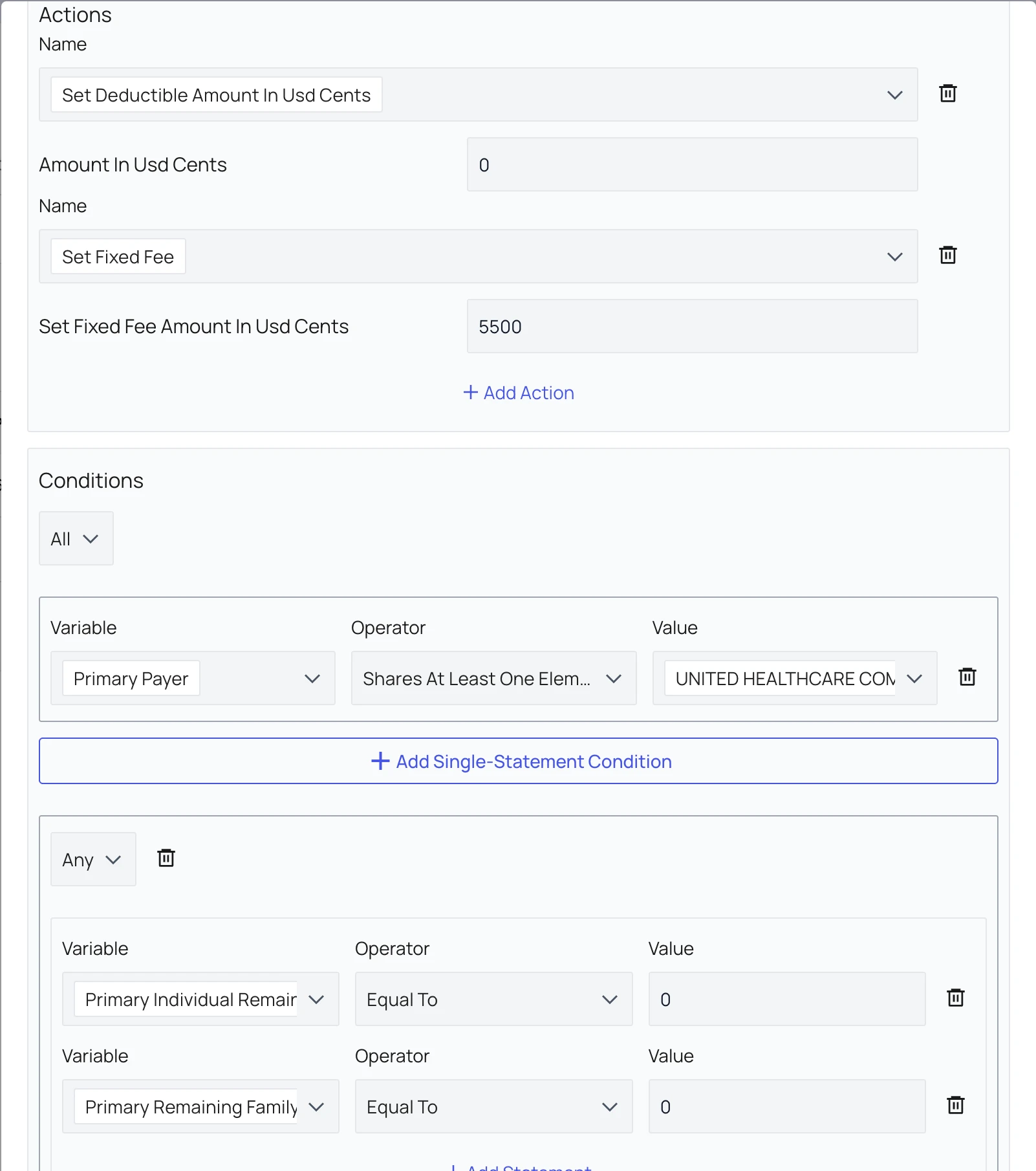 Coinsurance rule setting deductible amount to 0 and fixed fee to 5,500 cents ($55) when the payer matches and deductible conditions indicate coinsurance should apply