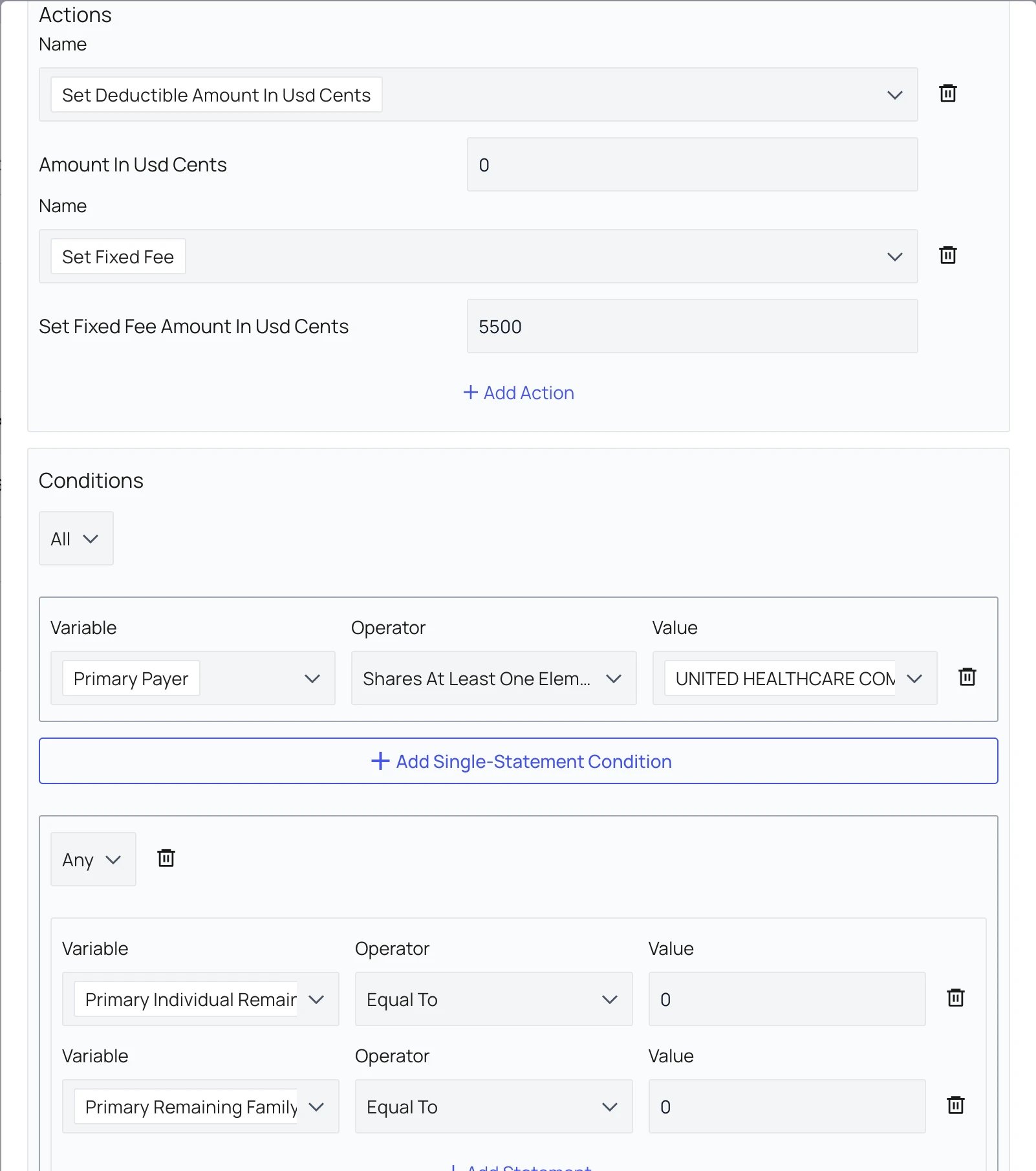 Coinsurance rule setting deductible amount to 0 and fixed fee to 5,500 cents ($55) when the payer matches and deductible conditions indicate coinsurance should apply