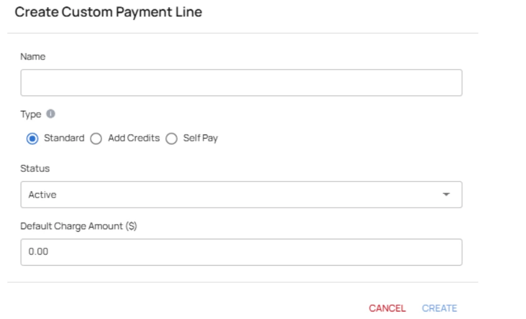 Create Custom Payment Line form with Name, Type, Status, and Default Charge Amount