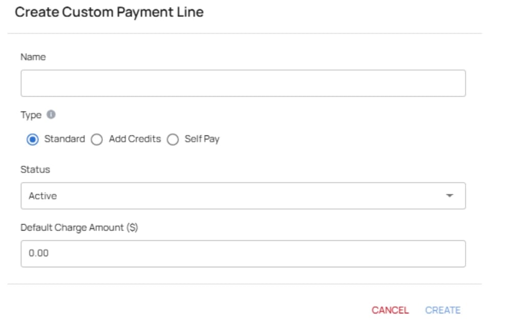 Create Custom Payment Line form with Name, Type, Status, and Default Charge Amount