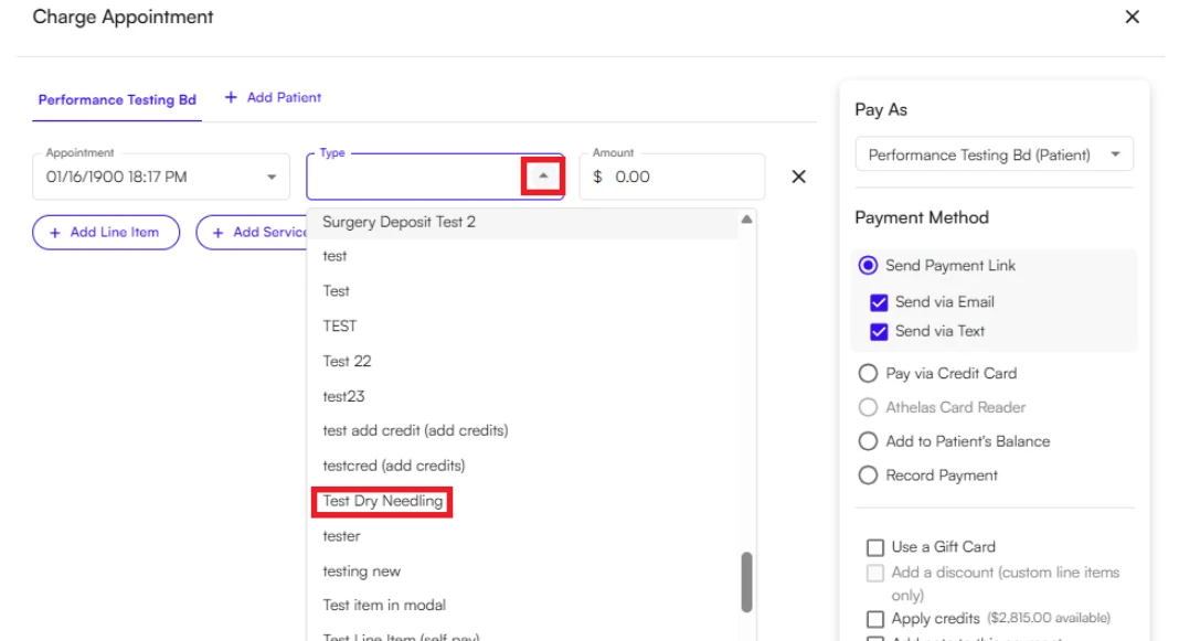 Selecting a custom line item from the Type dropdown in the Charge Appointment flow